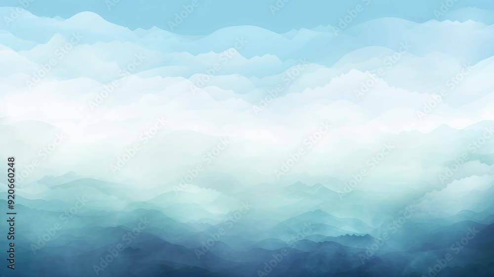 Experience a serene landscape showcasing mist-covered mountains that blend into a clear blue sky at dawn, background Experience a serene landscape showcasing mist-covered mountains that blend into a clear blue sky at dawn, background