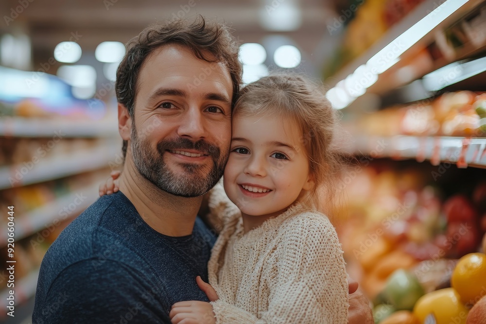 Happy father and daughter buying food in supermarket, Generative AI Happy father and daughter buying food in supermarket, Generative AI