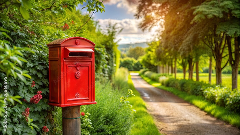 Traditional red post box in a rural setting with greenery in the background Traditional red post box in a rural setting with greenery in the background