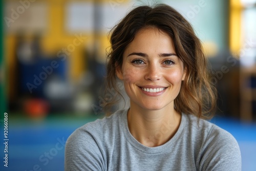 Portrait of happy female student at university looking at camera, Generative AI