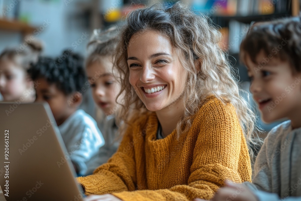 Happy teacher and her students use laptop during computer class at elementary school, Generative AI Happy teacher and her students use laptop during computer class at elementary school, Generative AI