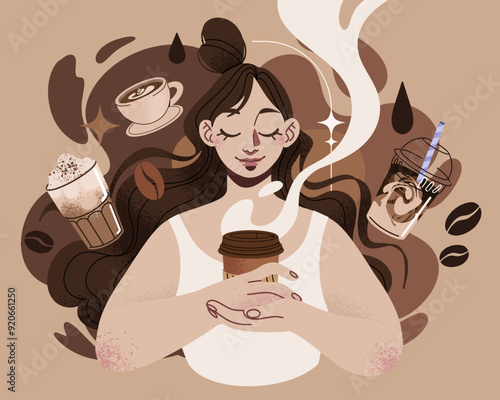 Vector illustration of a girl holding a hot drink surrounded by coffee drinks and coffee beans. Young girl sitting in cafe. Vector flat illustration. Cozy morning coffee.