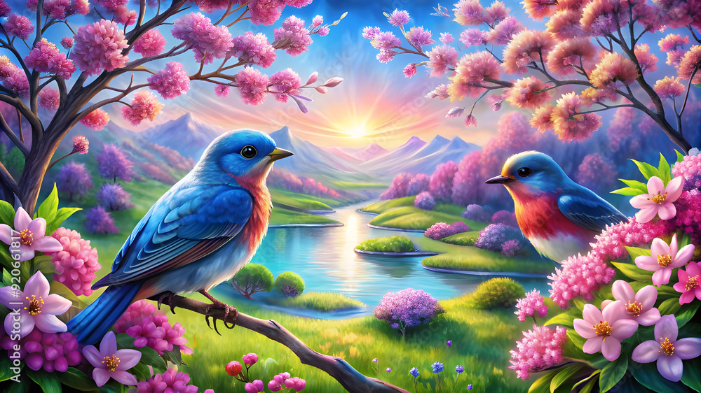 create-an illustration of a serene garden love birds scene create-an illustration of a serene garden love birds scene