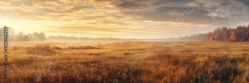 A golden field illuminated by the setting sun with a misty haze enveloping the landscape, dotted with scattered trees for a tranquil scene.