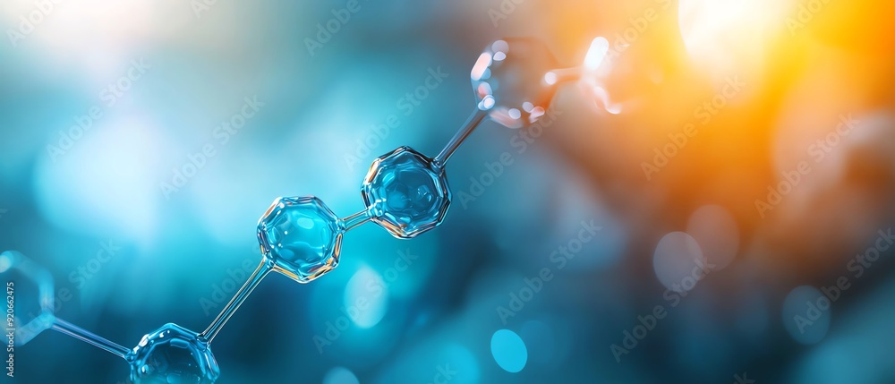Close-up of a molecular structure with blue and orange tones, representing scientific research and innovation in chemistry. Close-up of a molecular structure with blue and orange tones, representing scientific research and innovation in chemistry.