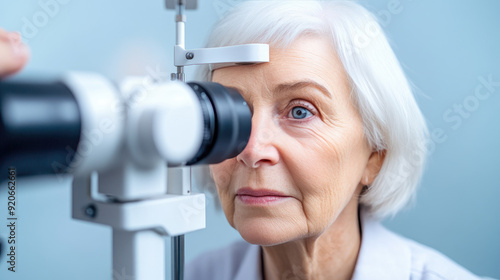 Ophthalmic examination, an elderly woman undergoing a thorough eye checkup using advanced diagnostic equipment in a calm and professional healthcare setting