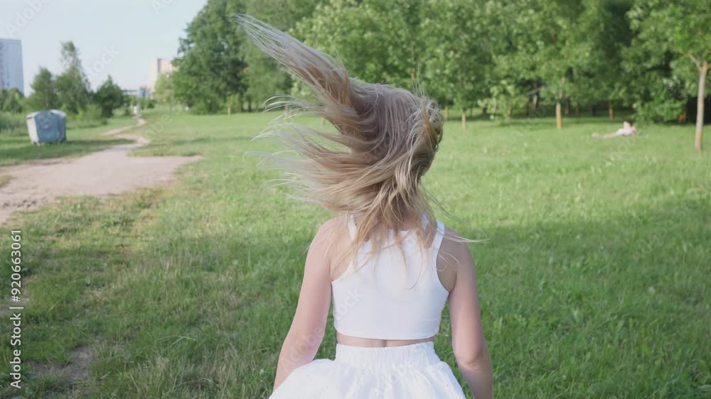 A joyful little girl in a white dress running across the lawn in a summer park A joyful little girl in a white dress running across the lawn in a summer park
