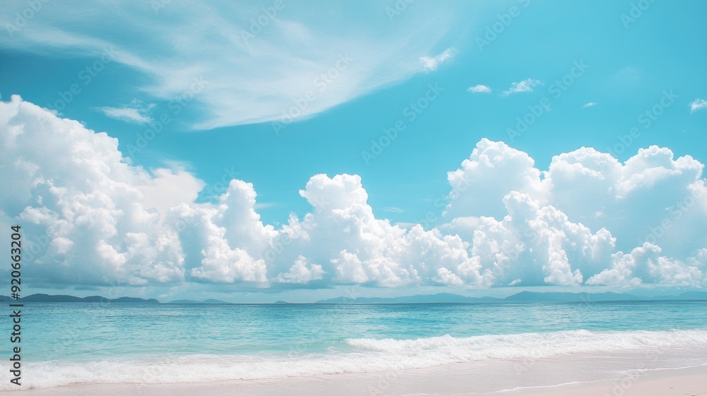 Beautiful beach scene with white clouds drifting across a bright blue sky. Tropical holiday vibes. Beautiful beach scene with white clouds drifting across a bright blue sky. Tropical holiday vibes.