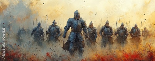 A group of armored knights march through a foggy battlefield, showcasing medieval warfare and epic historical scenes.