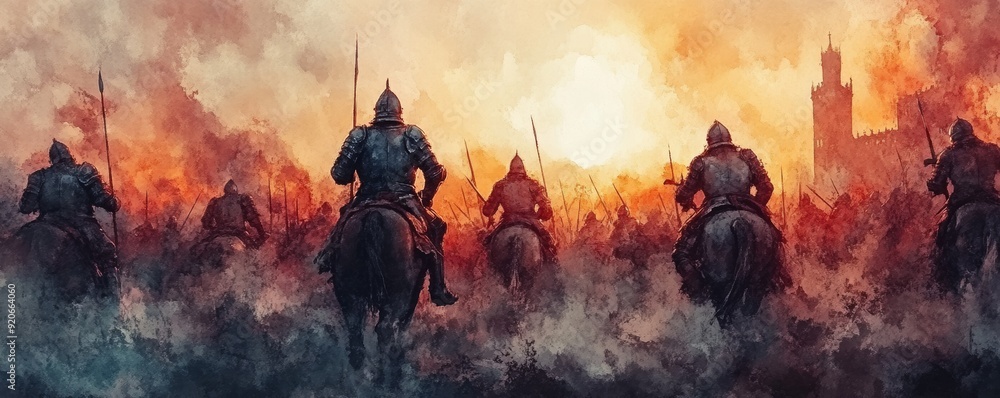 Medieval knights on horseback charge through smoke and flames towards silhouetted castle in dramatic, battlefield scene at sunset. Medieval knights on horseback charge through smoke and flames towards silhouetted castle in dramatic, battlefield scene at sunset.
