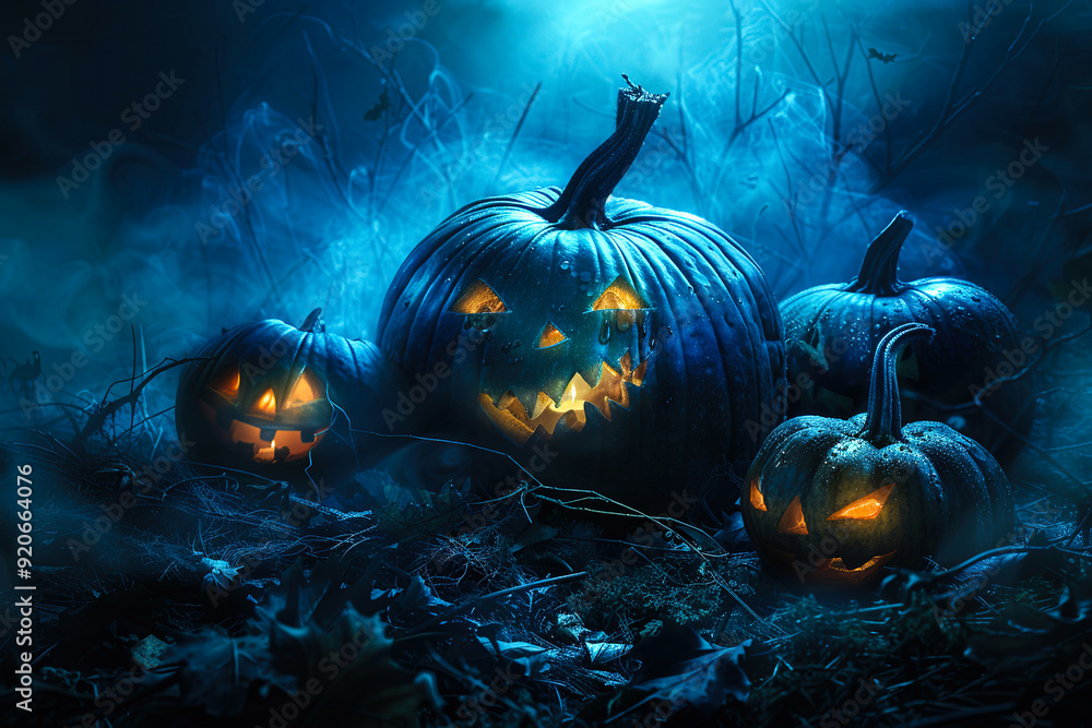 Naklejka premium Halloween pumpkins glowing in a spooky forest at night