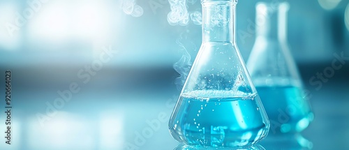 A laboratory scene featuring two flasks with blue liquid, creating a scientific atmosphere with steam effects.