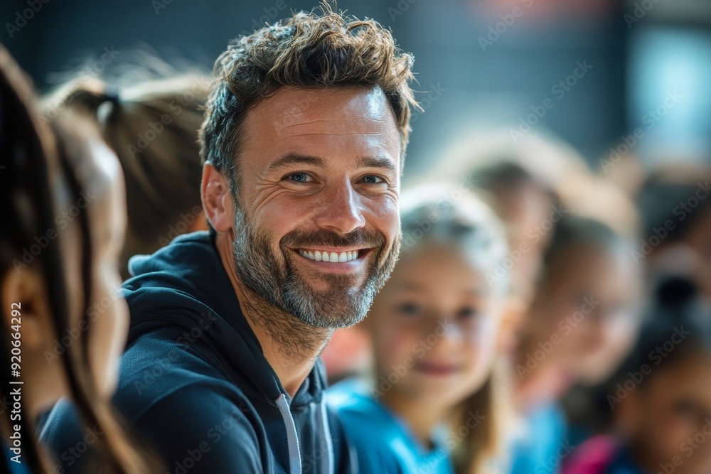 Fototapeta premium Happy sports teacher greets with group of elementary students during PE class at school gym, Generative AI