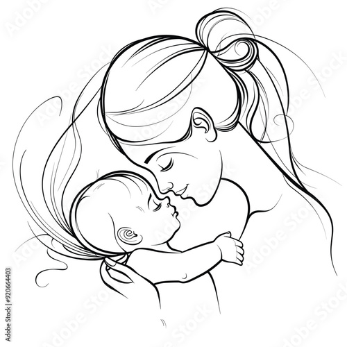 Simple and elegant sketch of a mother and baby sharing a loving moment.