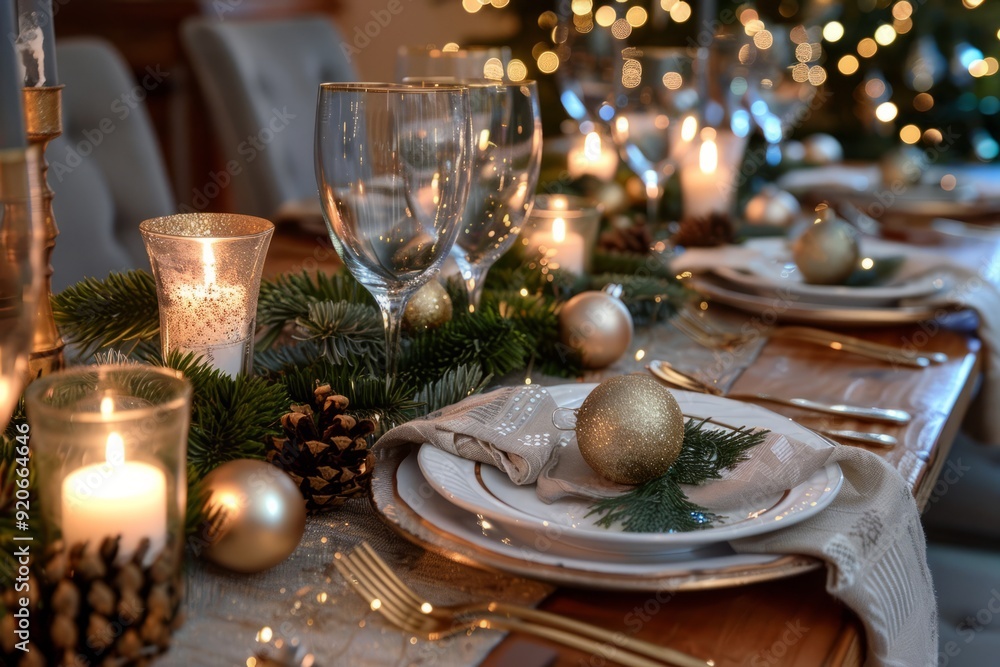 A beautifully decorated Christmas table setting with candles, evergreen branches, red and gold ornaments, and a festive tablecloth, warm and inviting A beautifully decorated Christmas table setting with candles, evergreen branches, red and gold ornaments, and a festive tablecloth, warm and inviting