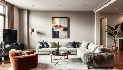 Modern Living Room Interior Design with a Sectional Sofa and Abstract Painting.