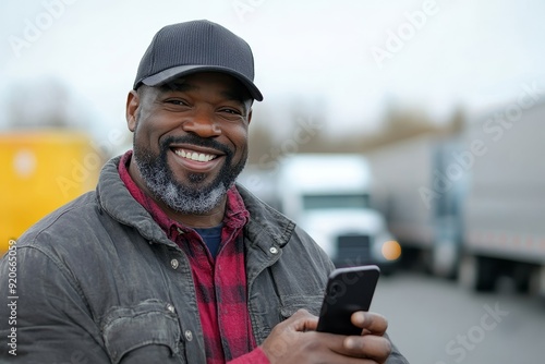 Happy truck driver using cell phone on parking lot and looking at camera, Generative AI