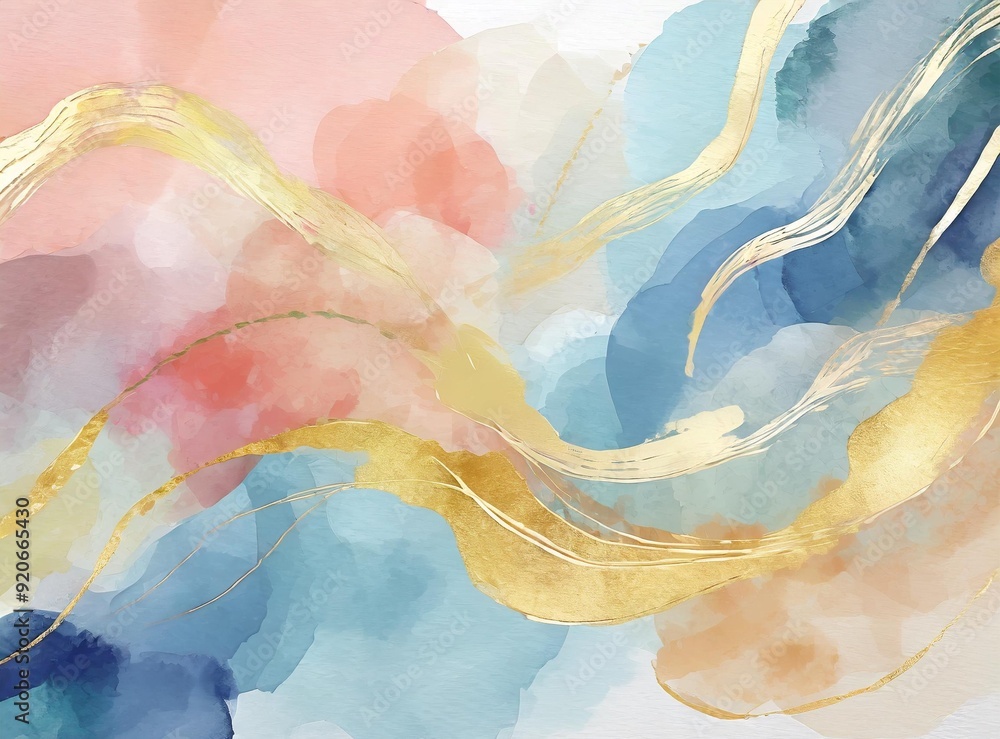 Fototapeta premium Watercolor art background. Wallpaper design with paint brush and gold line art. Earth