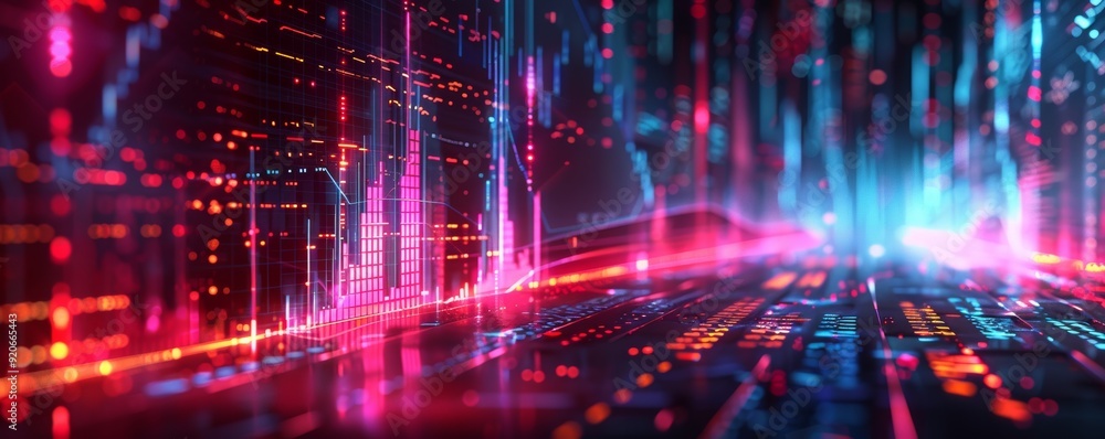 Vibrant digital landscape showcasing abstract data visualization, with colorful lights and dynamic lines representing technology and innovation. Vibrant digital landscape showcasing abstract data visualization, with colorful lights and dynamic lines representing technology and innovation.