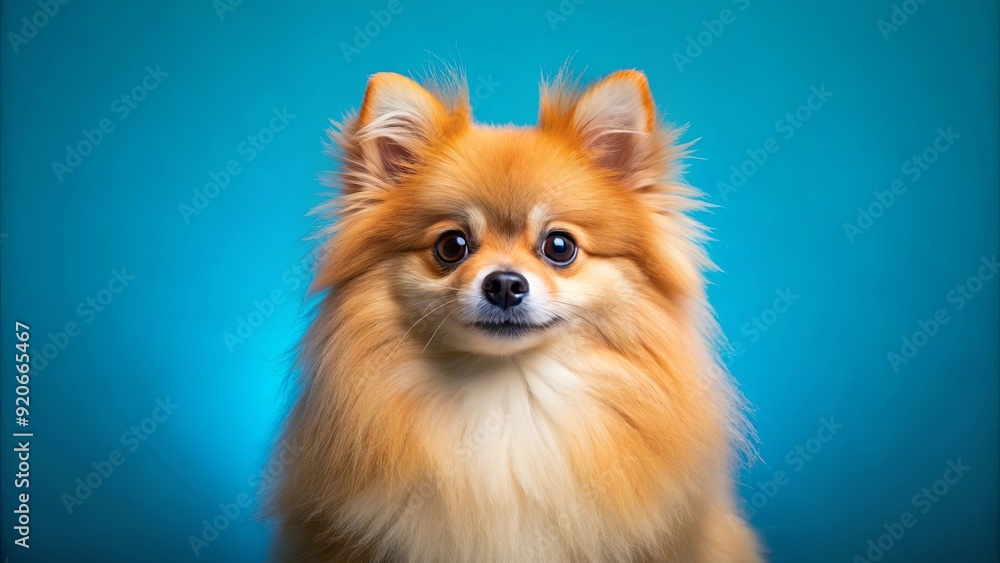Adorable Pomeranian dog posing in front of a vibrant blue backdrop Adorable Pomeranian dog posing in front of a vibrant blue backdrop