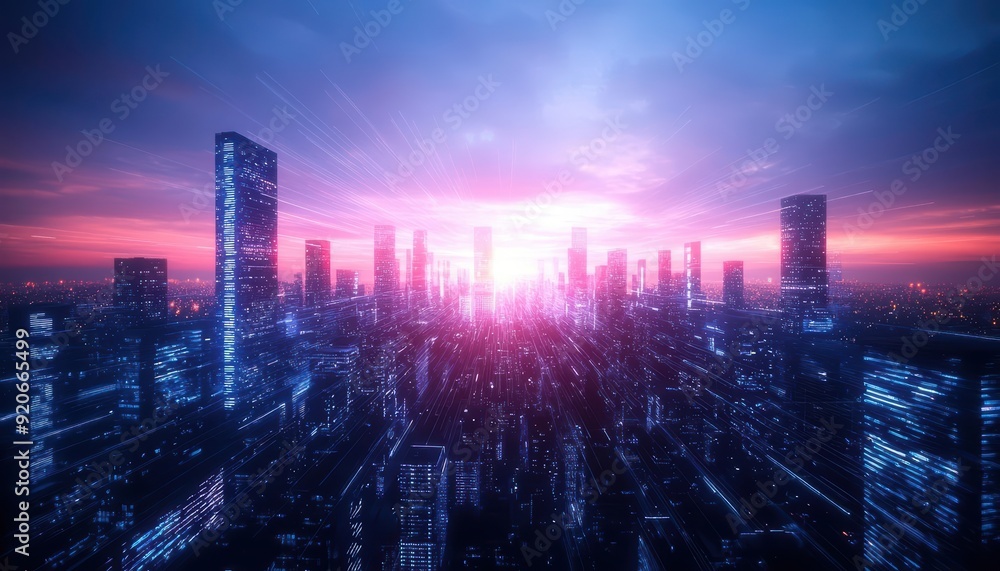 Fototapeta premium A futuristic cityscape expanding outward with sleek skyscrapers, glowing lights, and advanced infrastructure, under a twilight sky