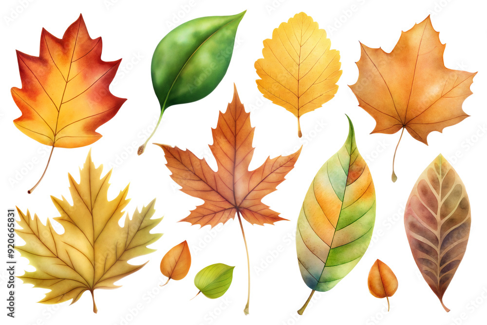 Obraz premium Watercolor autumn leaves. Collection of multicolored fallen autumn leaves isolated on white background