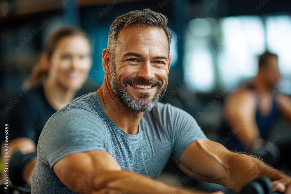Fototapeta premium Happy mature man working out on rowing machine while having exercise class with coach in gym, Generative AI