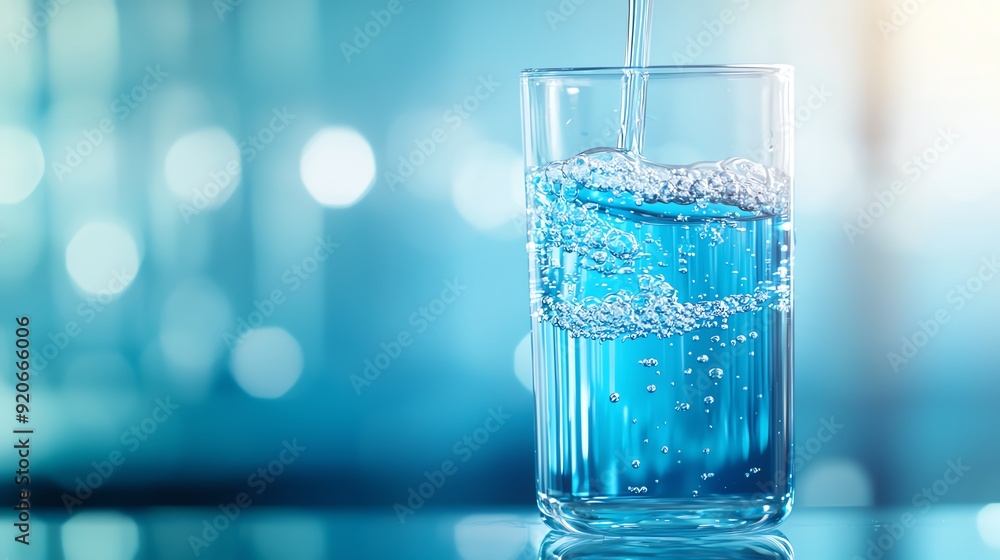 A refreshing glass of sparkling water, captured in a vibrant blue setting, perfect for hydration and wellness themes. A refreshing glass of sparkling water, captured in a vibrant blue setting, perfect for hydration and wellness themes.