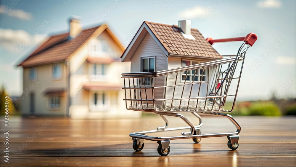 Mock up house in shopping cart representing home buyer concept Mock up house in shopping cart representing home buyer concept