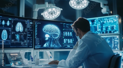 Medical professional analyzing brain scans in a high-tech laboratory during daytime