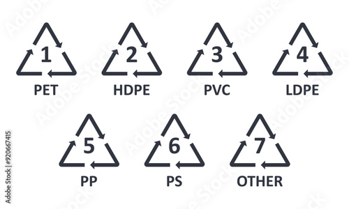 Vector icons plastic recycling codes. Black symbols numbers from 1 to 7 with text name. Environmental protection, 7 major groups for easier and faster recycling and reprocessing. Stock illustration