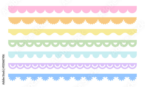 Vector scalloped edge border. Pastel colors set of elements seamless frame. Cute decorative wavy lace pattern. Simple shapes fabric ribbon. Stock illustration on white background.