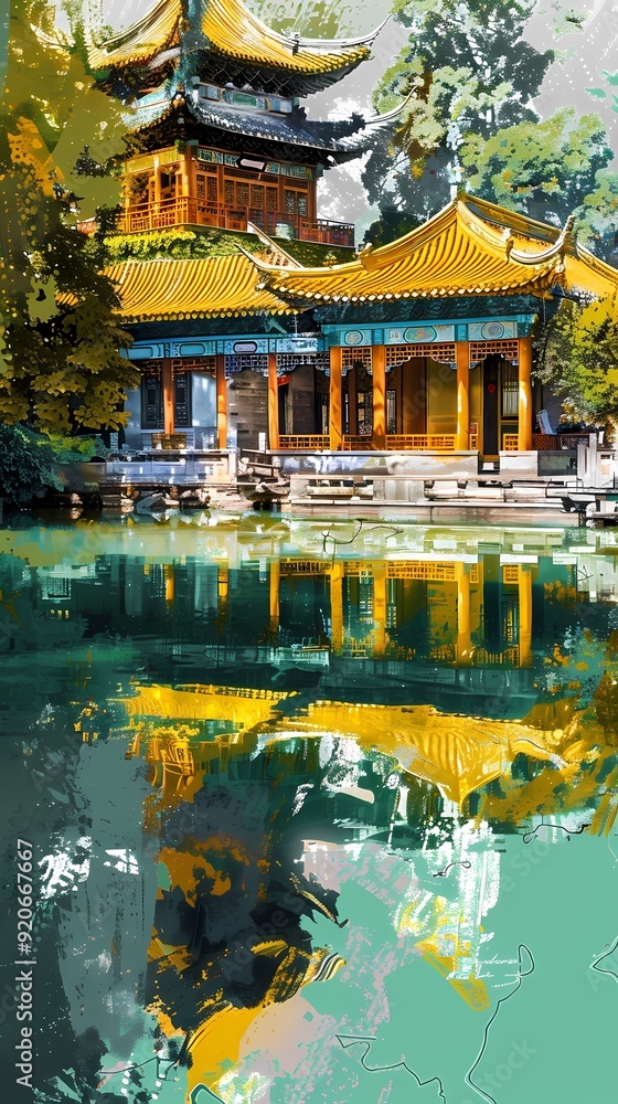 Obraz premium Yellow and green minimalist traditional architectura landscape illustration background poster decorative painting