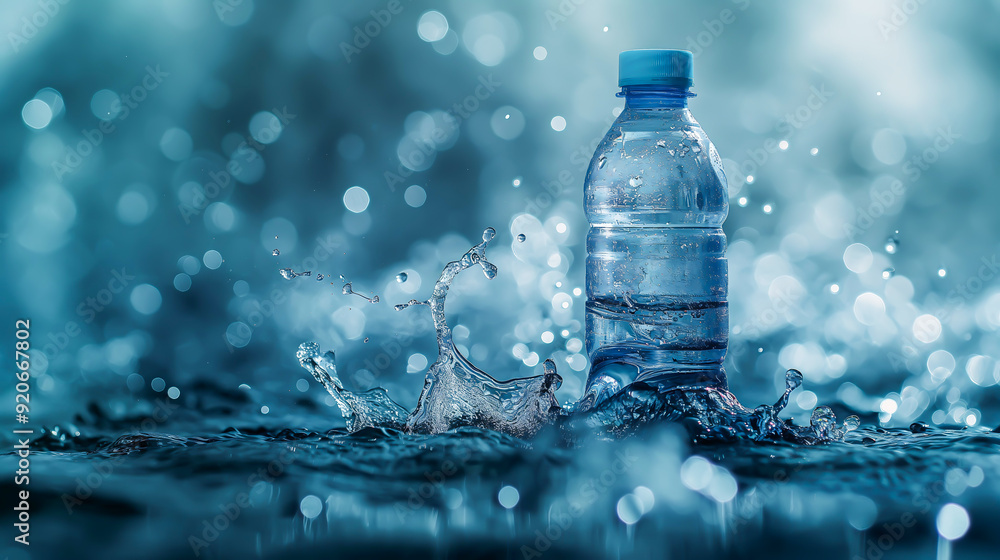 Mineral water a plastic bottle with splashes and drops of water around Mineral water a plastic bottle with splashes and drops of water around