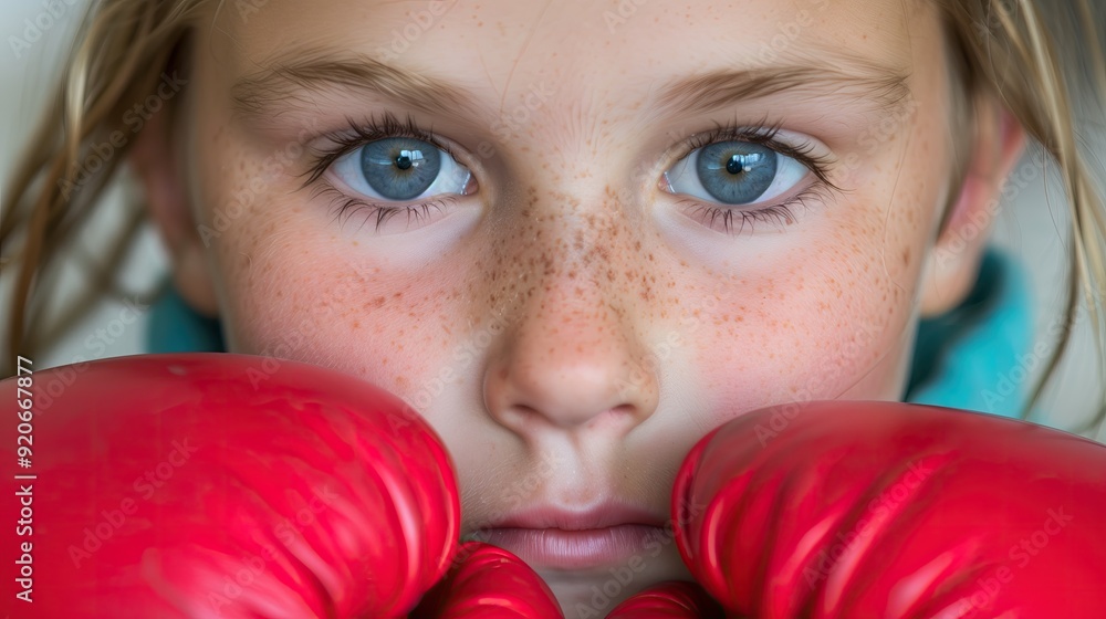 Portrait of a girl boxer with blue eyes with red gloves. Macro photography. The girl is engaged in boxing. Self-defense lessons. Portrait of a girl boxer with blue eyes with red gloves. Macro photography. The girl is engaged in boxing. Self-defense lessons.