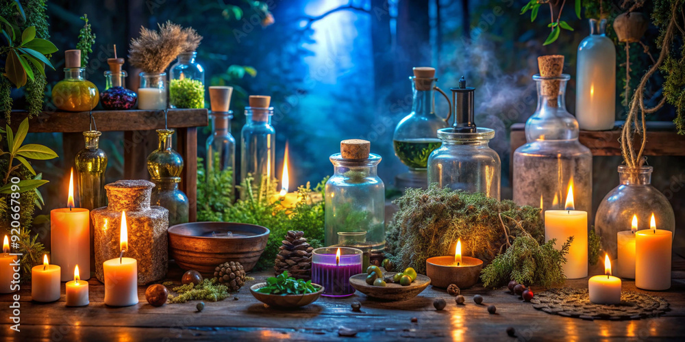 Multiple glowing candles are arranged together, surrounded by festive holiday decorations such as ornaments and pine branches, set against a magical, starry night background Multiple glowing candles are arranged together, surrounded by festive holiday decorations such as ornaments and pine branches, set against a magical, starry night background