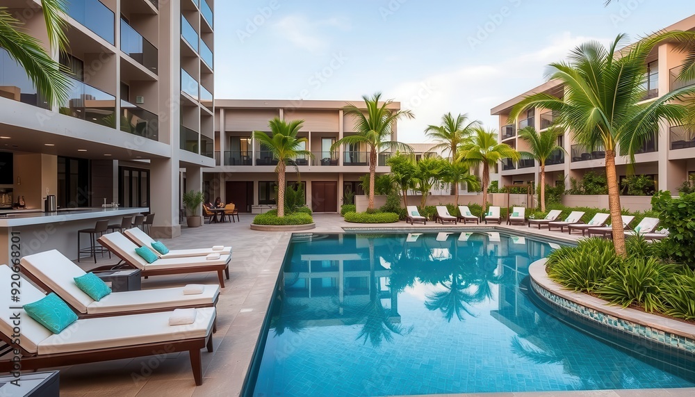 Fototapeta premium Modern Hotel Pool with Lounge Chairs and Palm Trees.