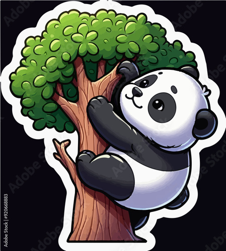 Adorable cartoon panda clinging to a tree, ideal for kid-friendly designs and educational materials.