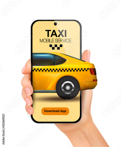 Taxi service concept. Hand holding smartphone with taxi car on screen and taxi service mobile app or order taxi online.