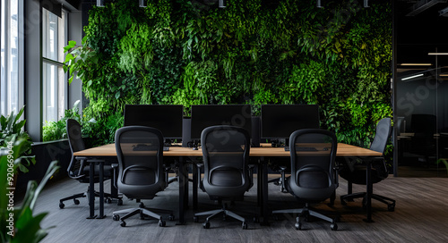 "Modern Office Space Featuring Green Plants on the Wall and a Large Desk, Highlighting a Contemporary and Refreshing Work Environment"