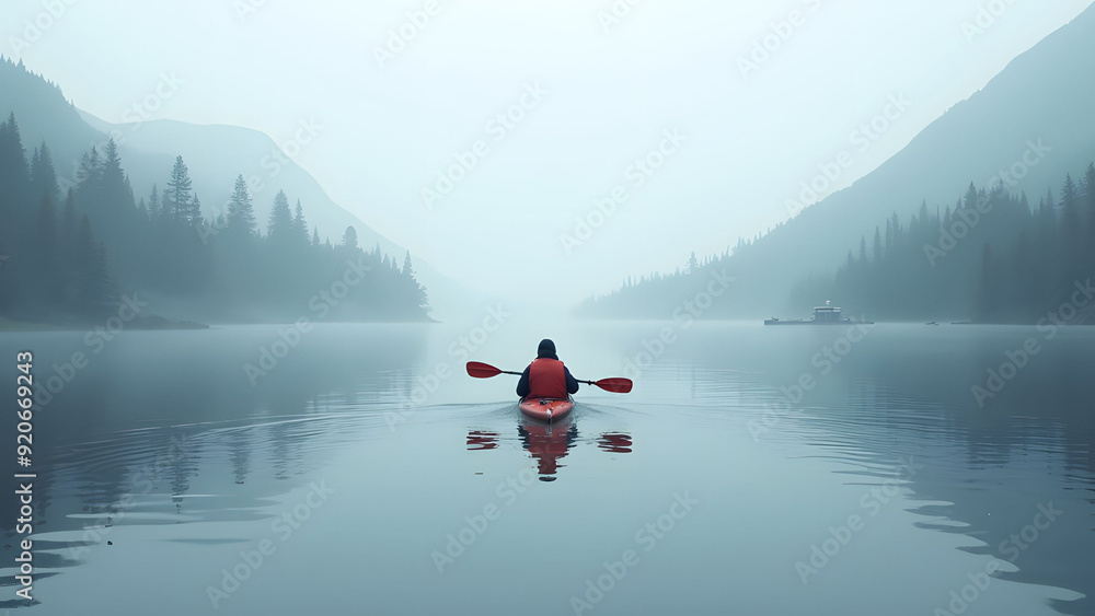 Person kayaking alone on foggy lake surrounded by mountains. Person kayaking alone on foggy lake surrounded by mountains.