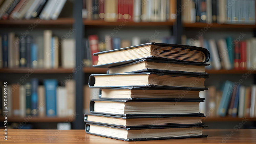 Stack of books on a table with shelves in background Stack of books on a table with shelves in background