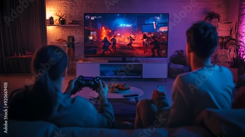 group of friends gathered around a large TV screen, playing an online multiplayer game together, casual living room setup with snacks and drinks, gaming controllers in hand
