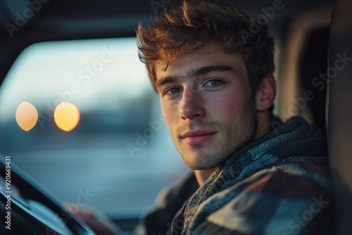 Young truck driver behind steering wheel in vehicle cabin looking at camera, Generative AI