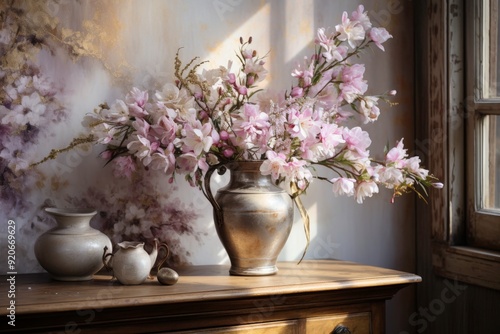 Wallpaper Mural A serene still life featuring a vase of pink flowers, showcasing a cozy indoor setting. Torontodigital.ca