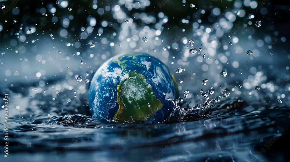 A planet earth with splashes and drops of water, Green energy and environmental Concept A planet earth with splashes and drops of water, Green energy and environmental Concept