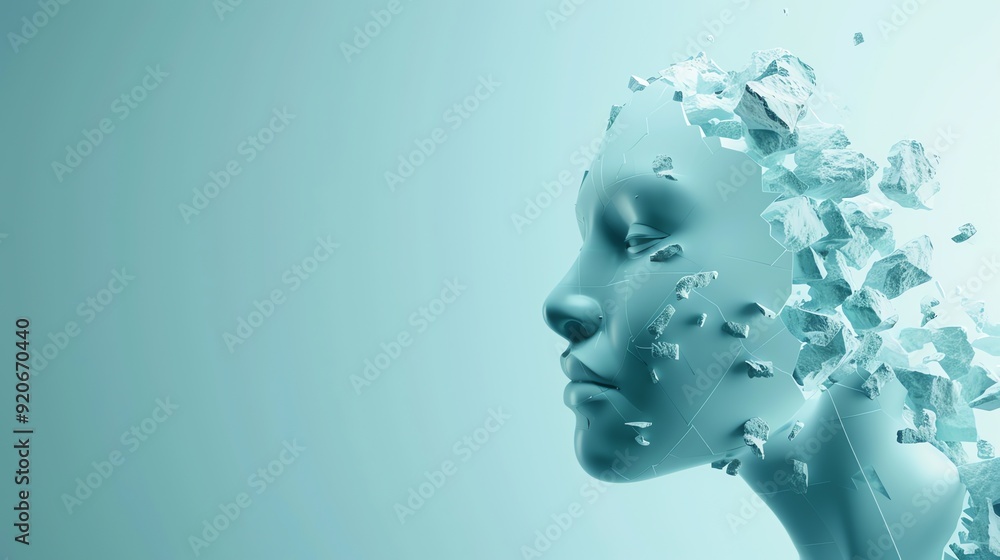 A 3D rendering of a female face being broken into pieces, on a blue background. A 3D rendering of a female face being broken into pieces, on a blue background.