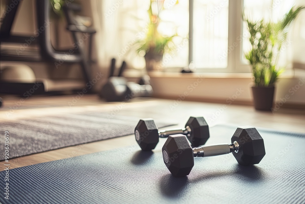 Dumbbells resting on a yoga mat in a bright home gym with plants and fitness equipment nearby Dumbbells resting on a yoga mat in a bright home gym with plants and fitness equipment nearby