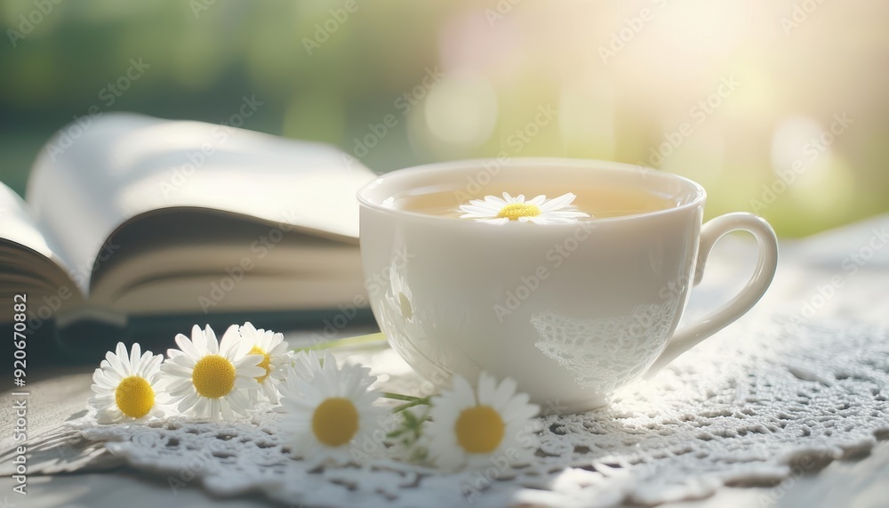 A cup of chamomile tea with a book and flowers on a table A cup of chamomile tea with a book and flowers on a table