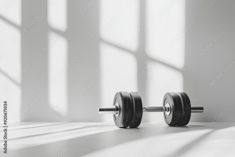 Dumbbell resting on a surface with sunlight casting long shadows in a bright indoor space Dumbbell resting on a surface with sunlight casting long shadows in a bright indoor space